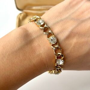 Vintage 1980s Art Deco Gold Tone Crystal Elegant Gold Chain Bracelet